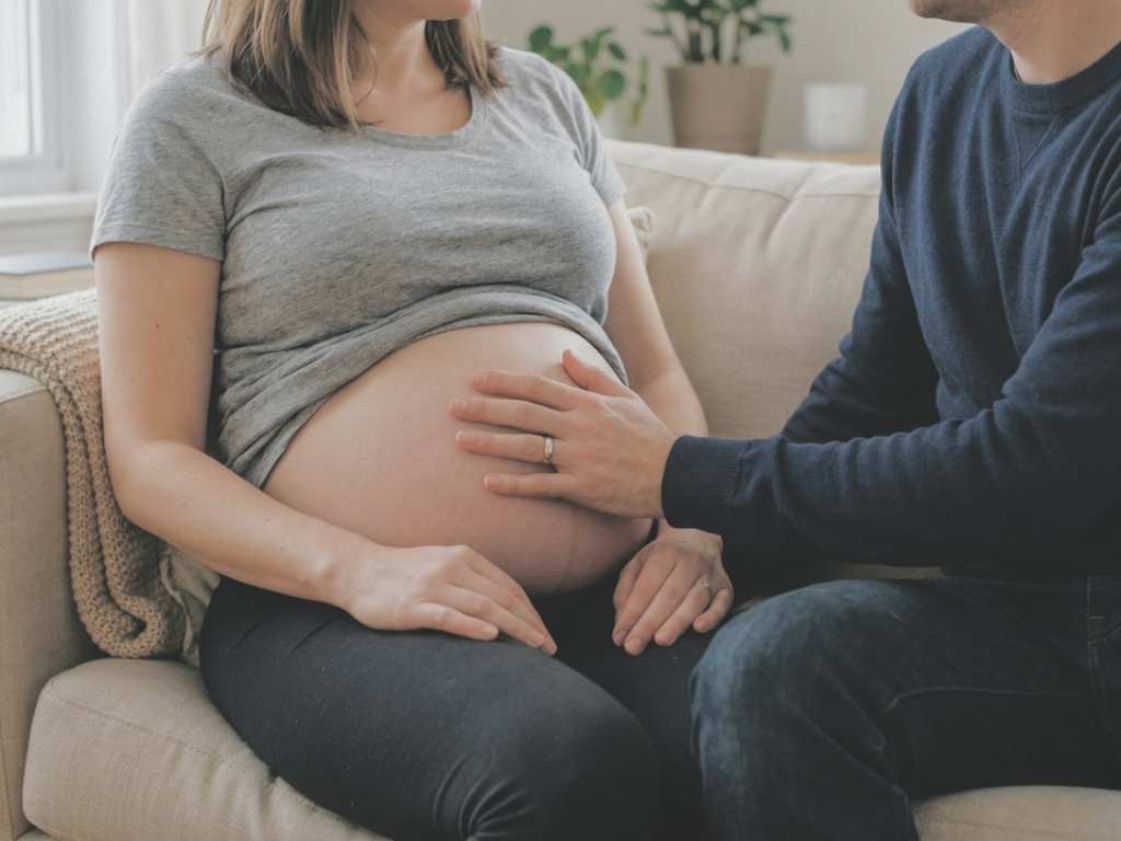 Kobieta w ciąży siedzi na kanapie, mężczyzna trzyma jej dłoń na brzuchu